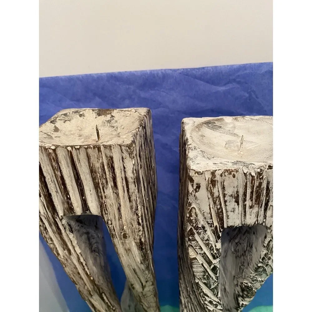 Handcrafted Hand carved wood twisted candleholders‎ Whitewashed Vintage 20